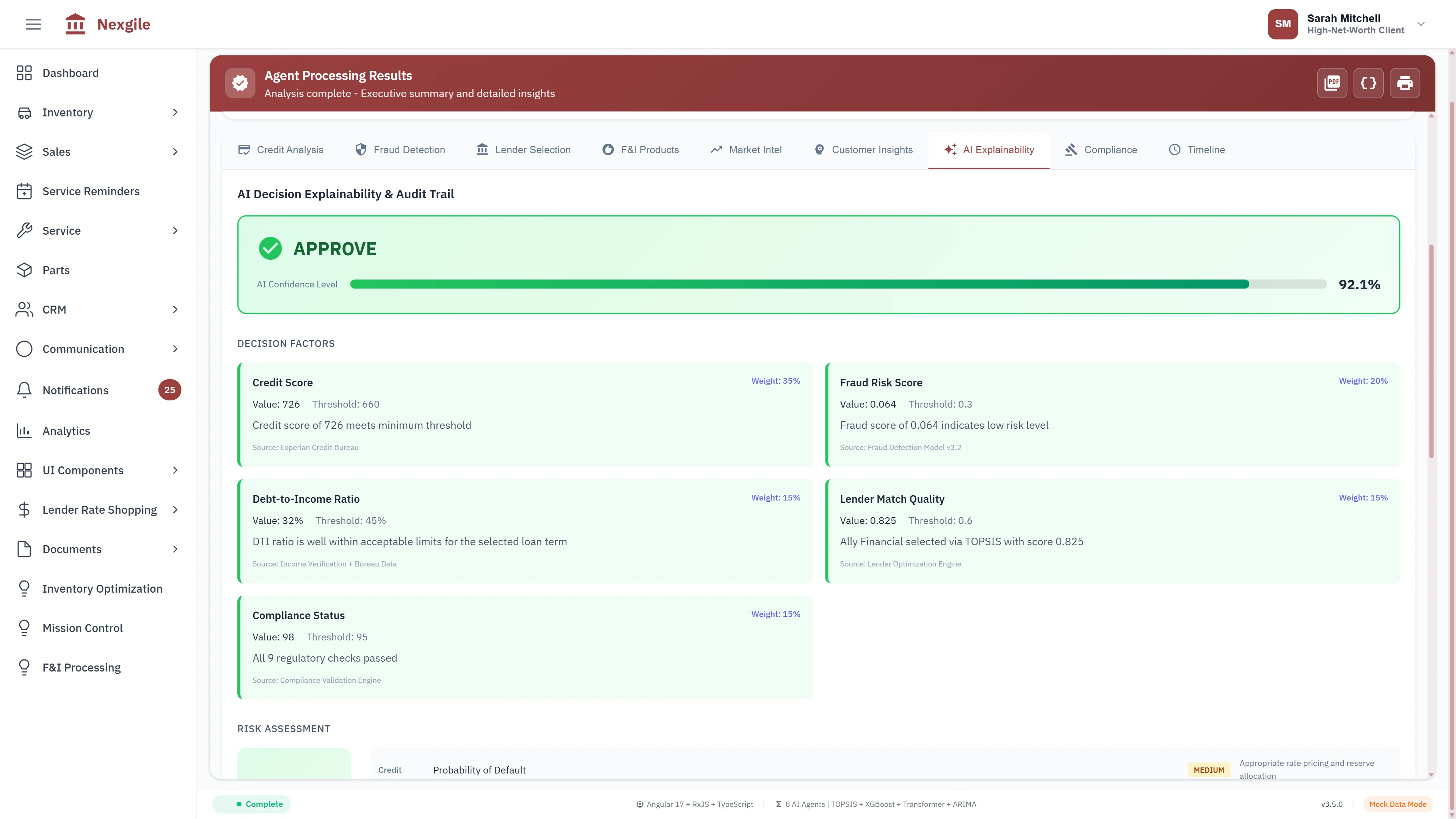 AI Decision Explainability - 92.1% confidence approval with weighted decision factors including credit score, fraud risk, DTI ratio, and compliance status